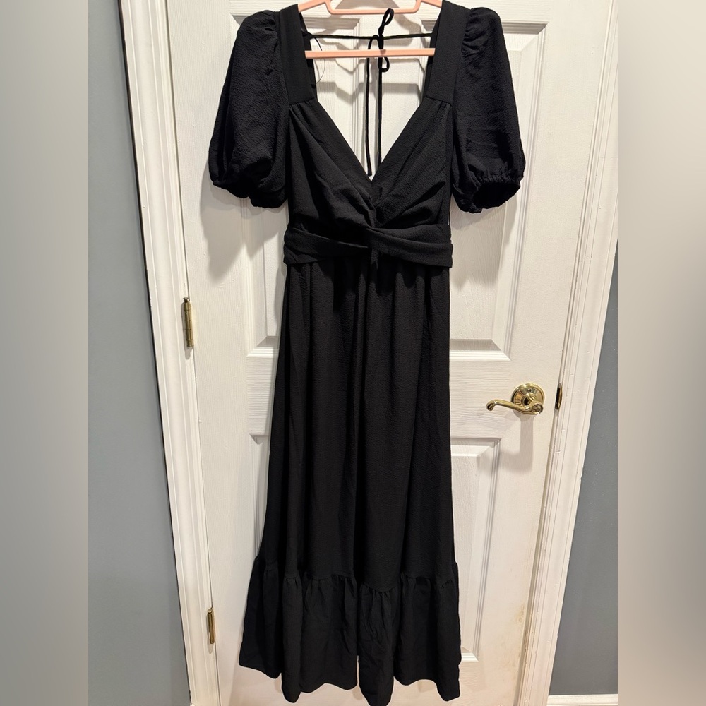 Astr Black Puff Sleeve Wrap Midi Dress